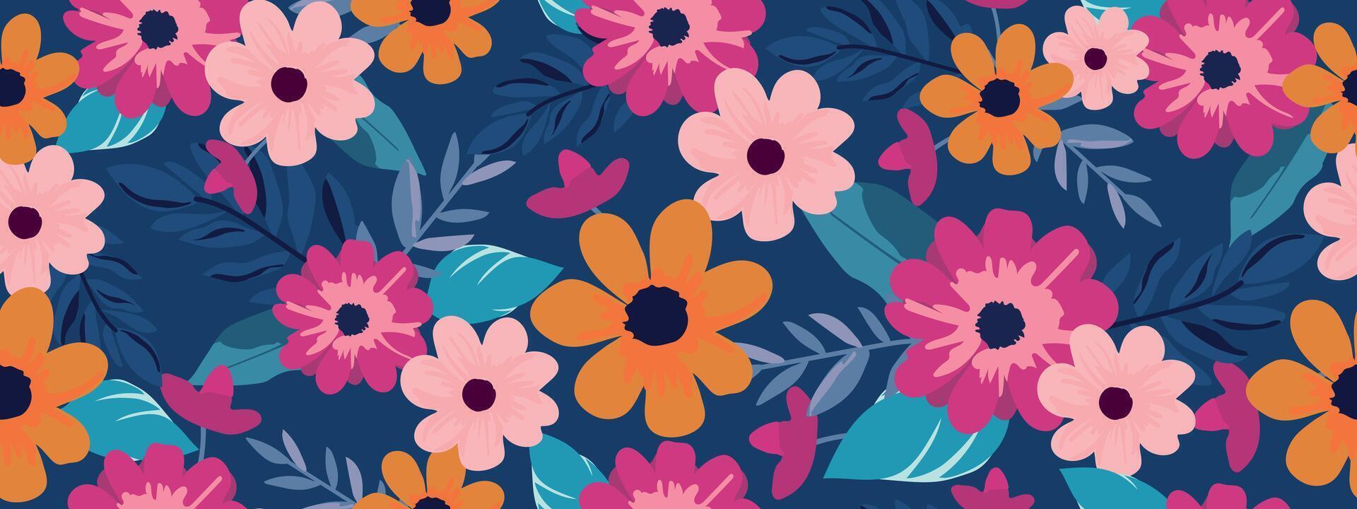 Bright seamless hand-drawn floral pattern. Modern pattern of flowers on a blue background. vector