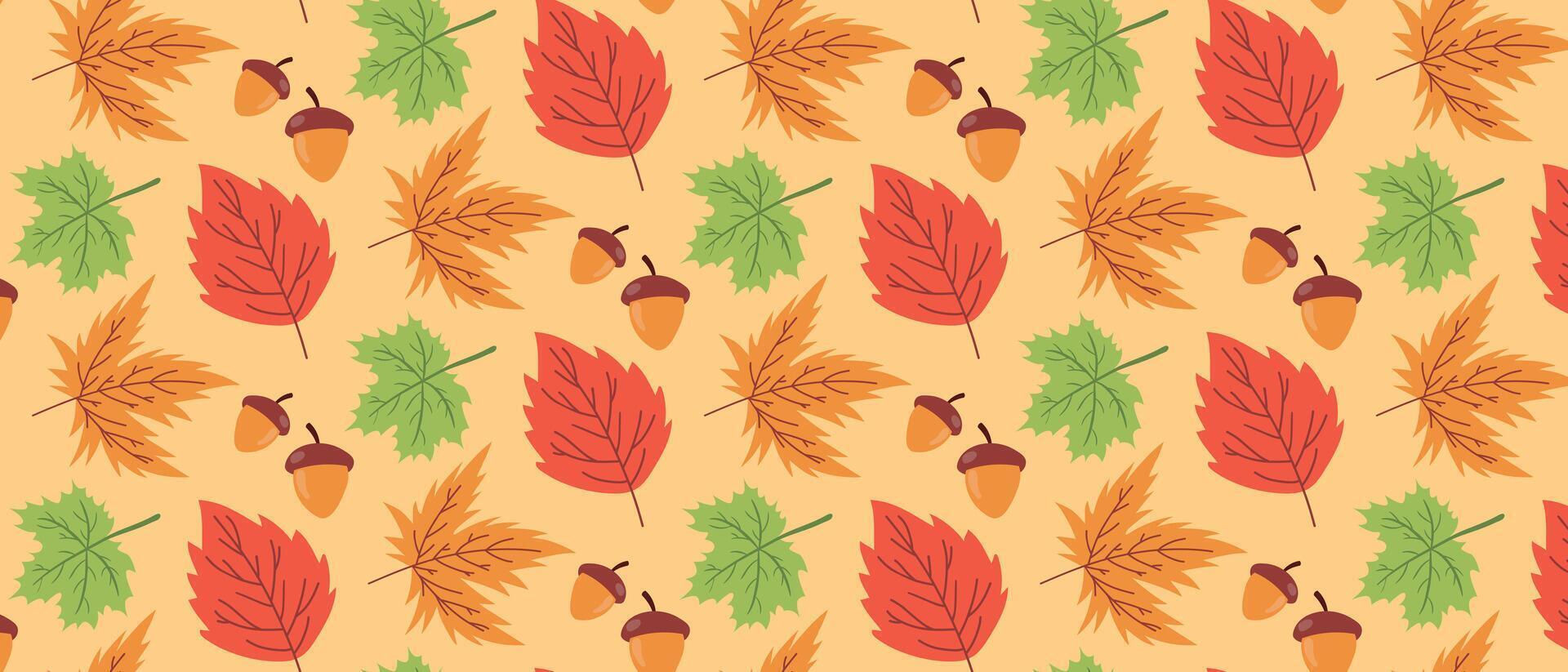 Autumn background with colorful maple leaves and acorns. vector