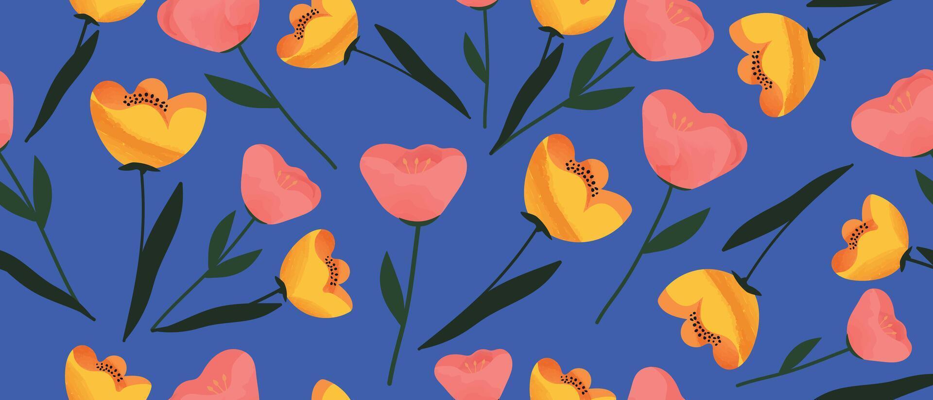 Pattern with hand-drawn bright flowers on a blue background. Seamless floral background. vector