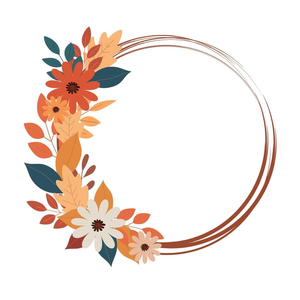 Round frame with orange and yellow autumn leaves and flowers. vector