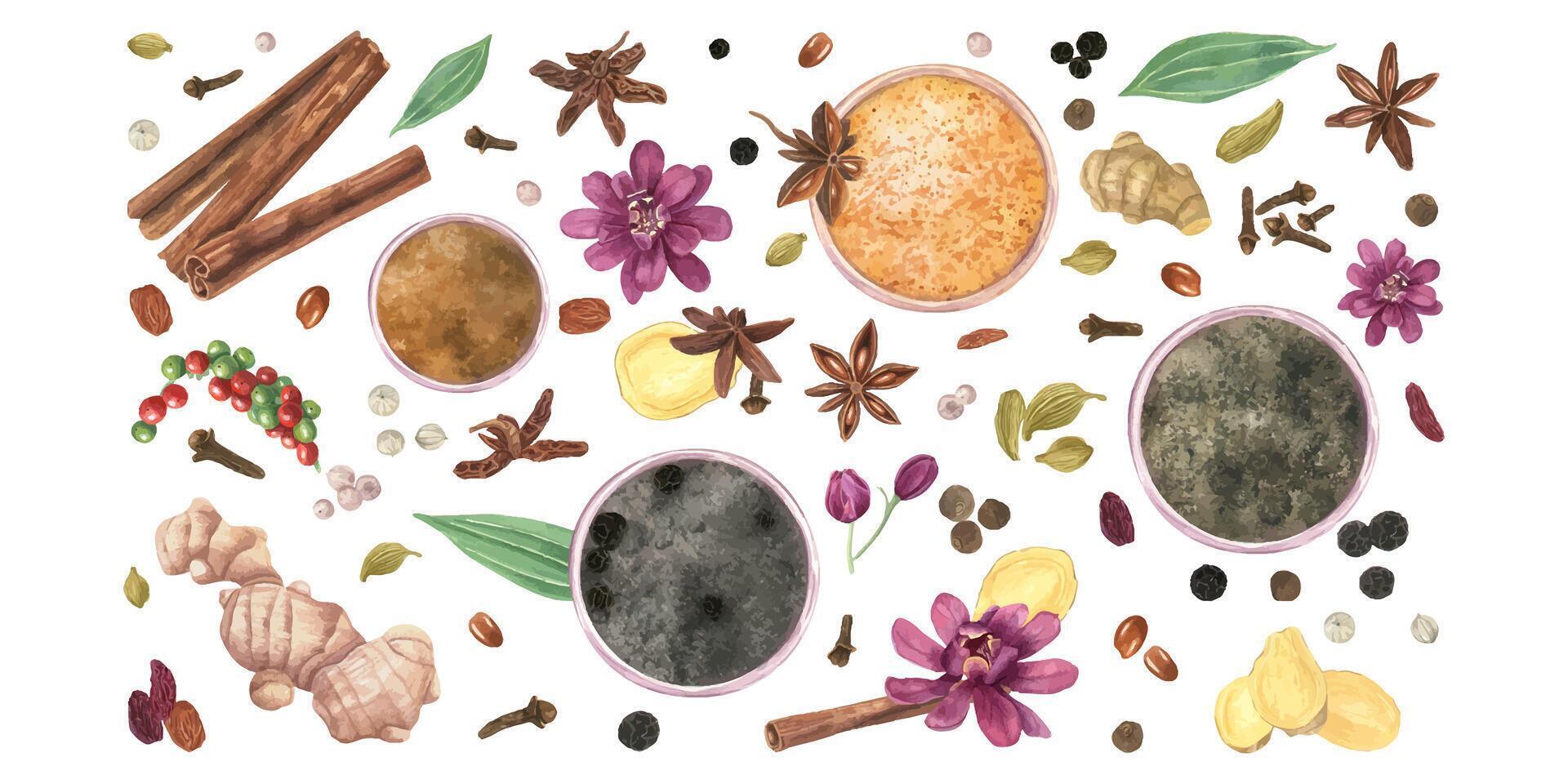 Assorted Spices and Herbs. Cinnamon, cardamon, star anise, cloves, pepper, ginger and flowers. Mix of various bowl with aromatic ground spices. Watercolor illustration. For culinary, wellness concept vector