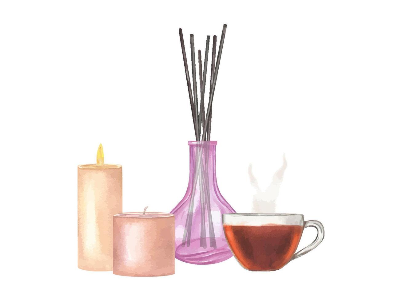Pink diffuser with reed sticks, scented candles and steaming glass tea cup. Mug of coffee, burning candle. For aromatherapy, relaxing spa ambience. Watercolor illustration for calmness, rejuvenation vector