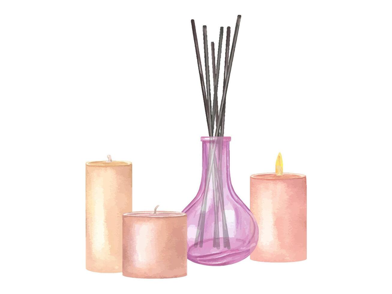 Glass diffuser with reed sticks and burning scented candles. Cozy home elements for aromatherapy, relaxing spa ambience. Calmness, rejuvenation. Watercolor illustration. For spa salon design, poster vector
