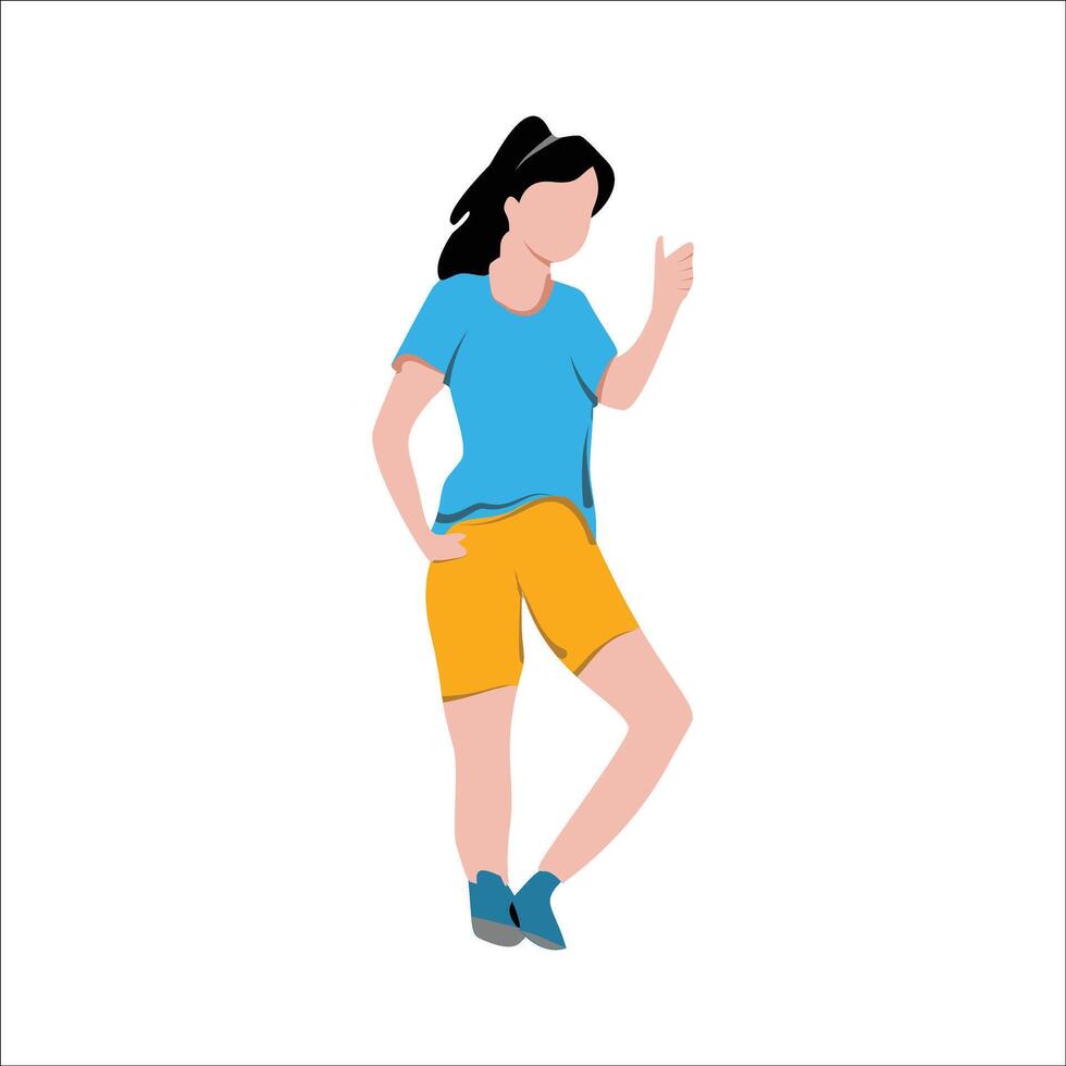 a woman in shorts and a blue shirt is pointing her finger vector