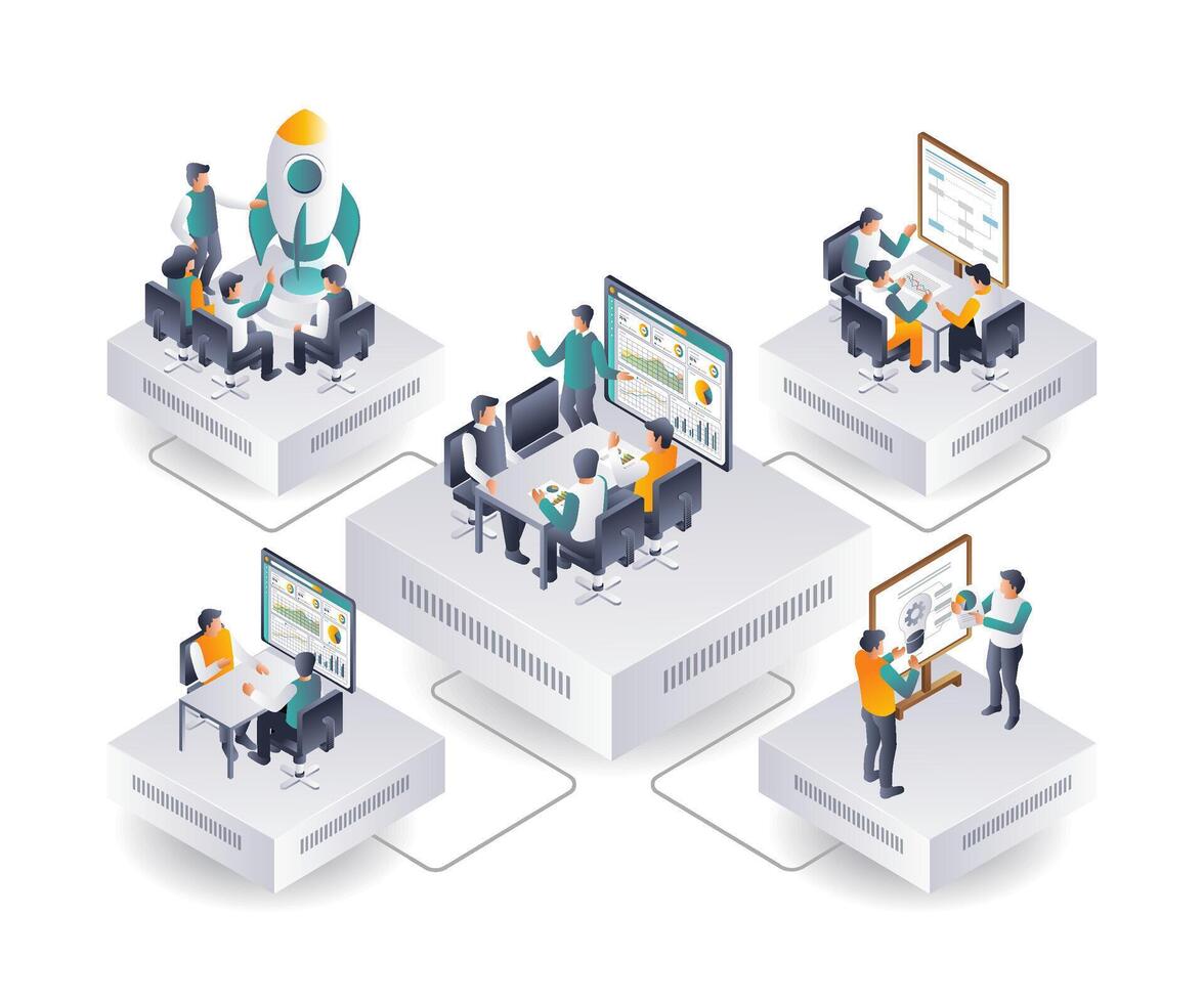 Teamwork in IT Innovation isometric illustration vector