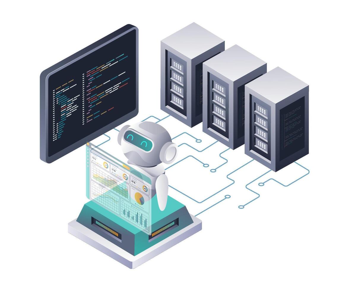 Robots Analyzing Data in Cloud Servers vector