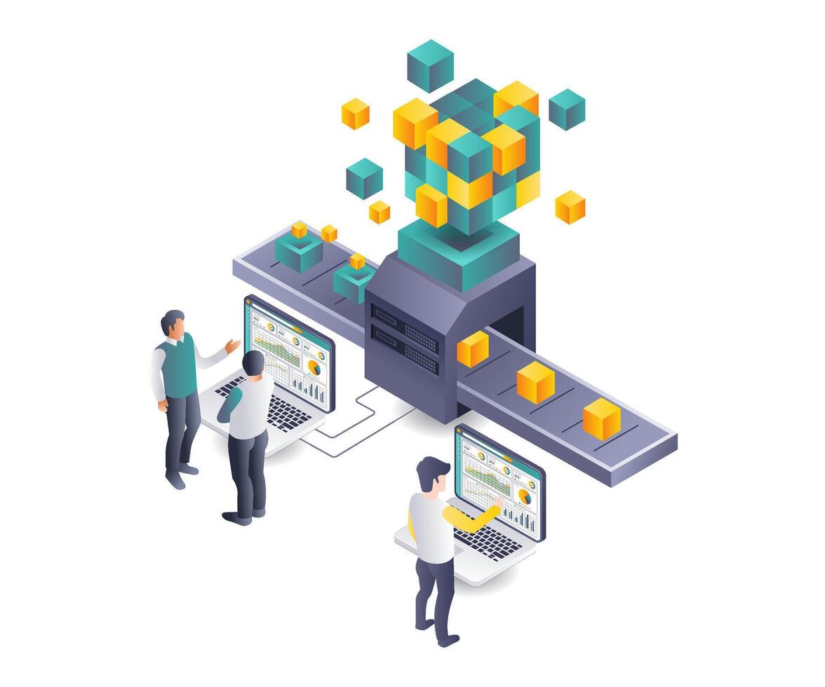Teamwork in Blockchain Development flat isometric illustration vector