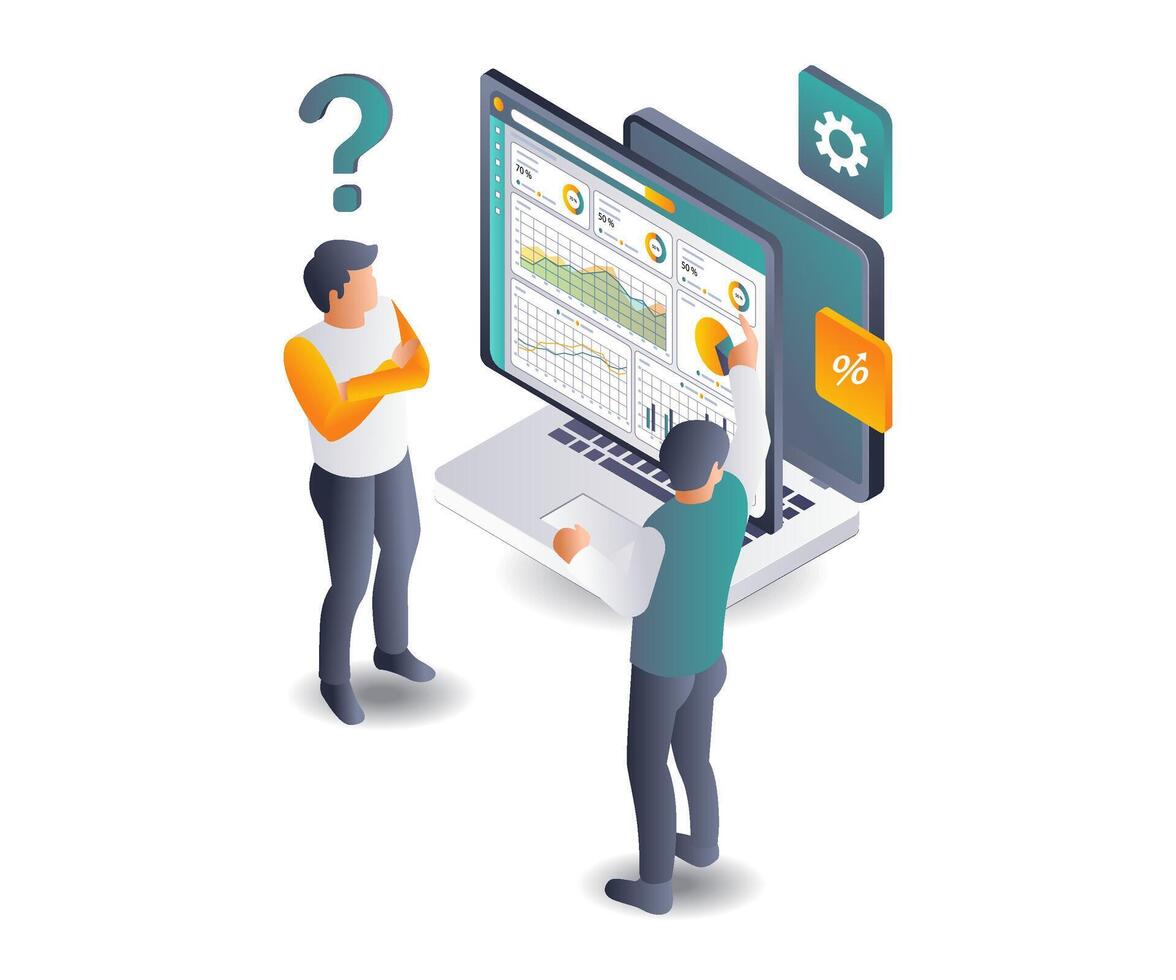 Businessmen discussing opinions on computer data analysis vector