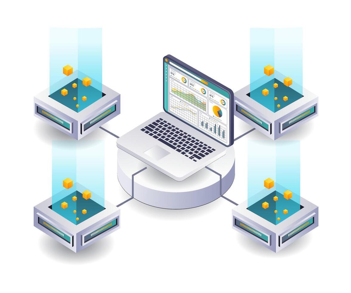 computadora análisis de blockchain tecnología en negocio inversiones vector