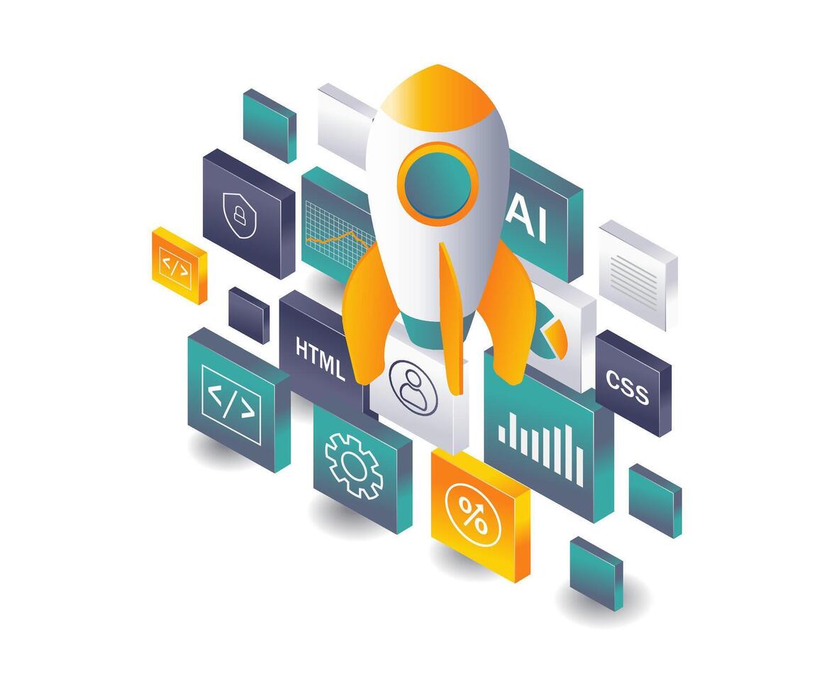 Startup Launches New App Update flat isometric illustration vector