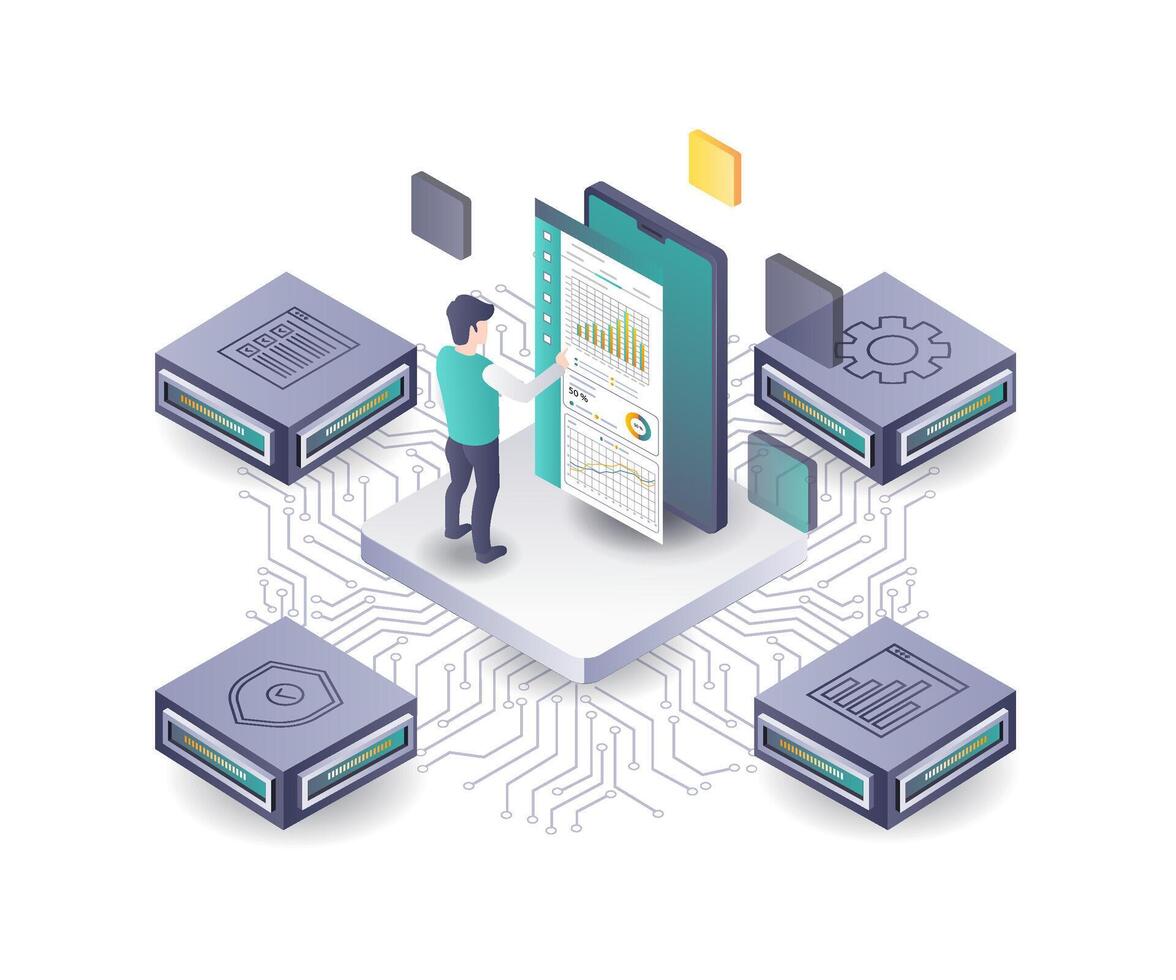 Server Technology Data Analysis Hub flat isometric illustration vector