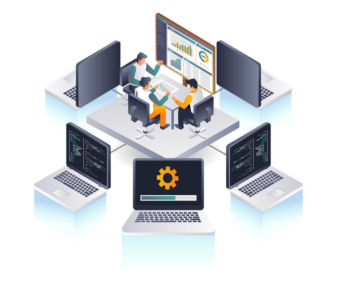 Coworkers analyze computer data technology vector