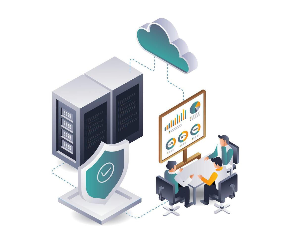 Coworkers are analyzing data from the cloud server system 47546371 ...