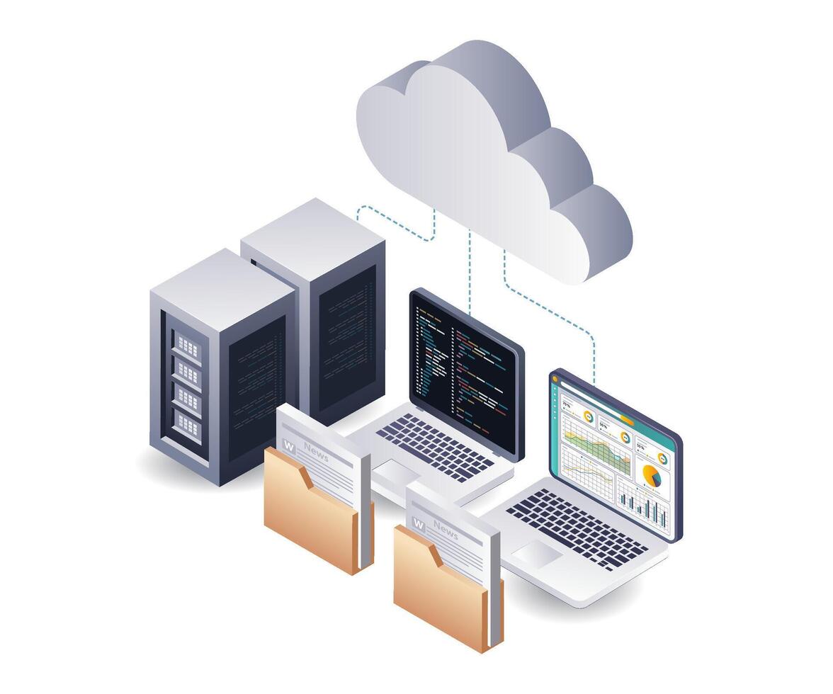 Cloud Server Data Analysis System isometric illustration vector