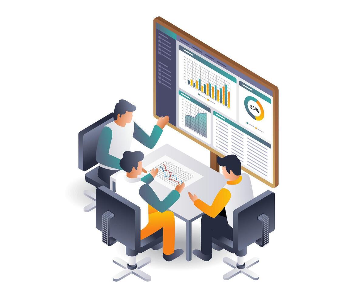 Coworkers discussing data analysis for business development vector