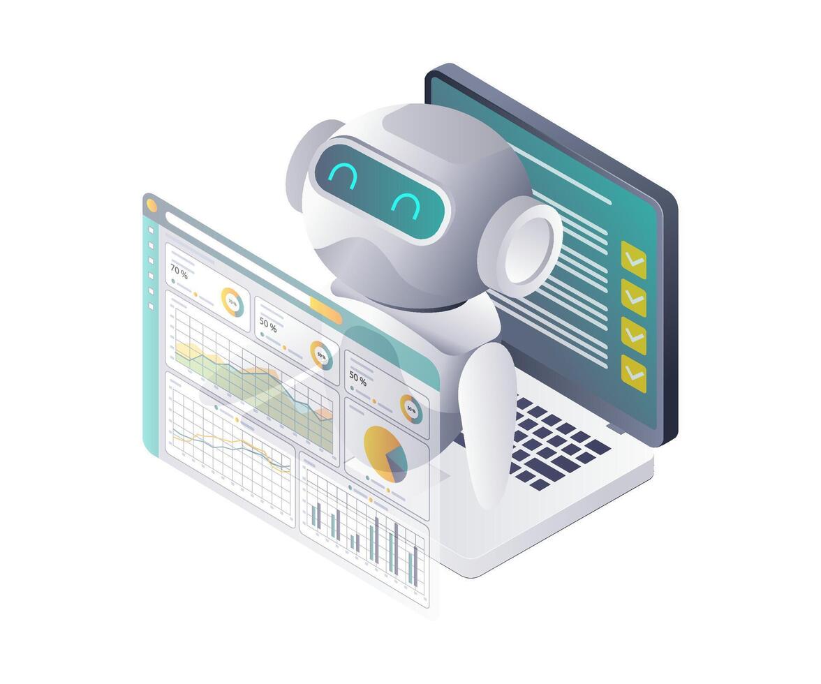 Artificial Intelligence Robots Assisting in Data Analysis vector