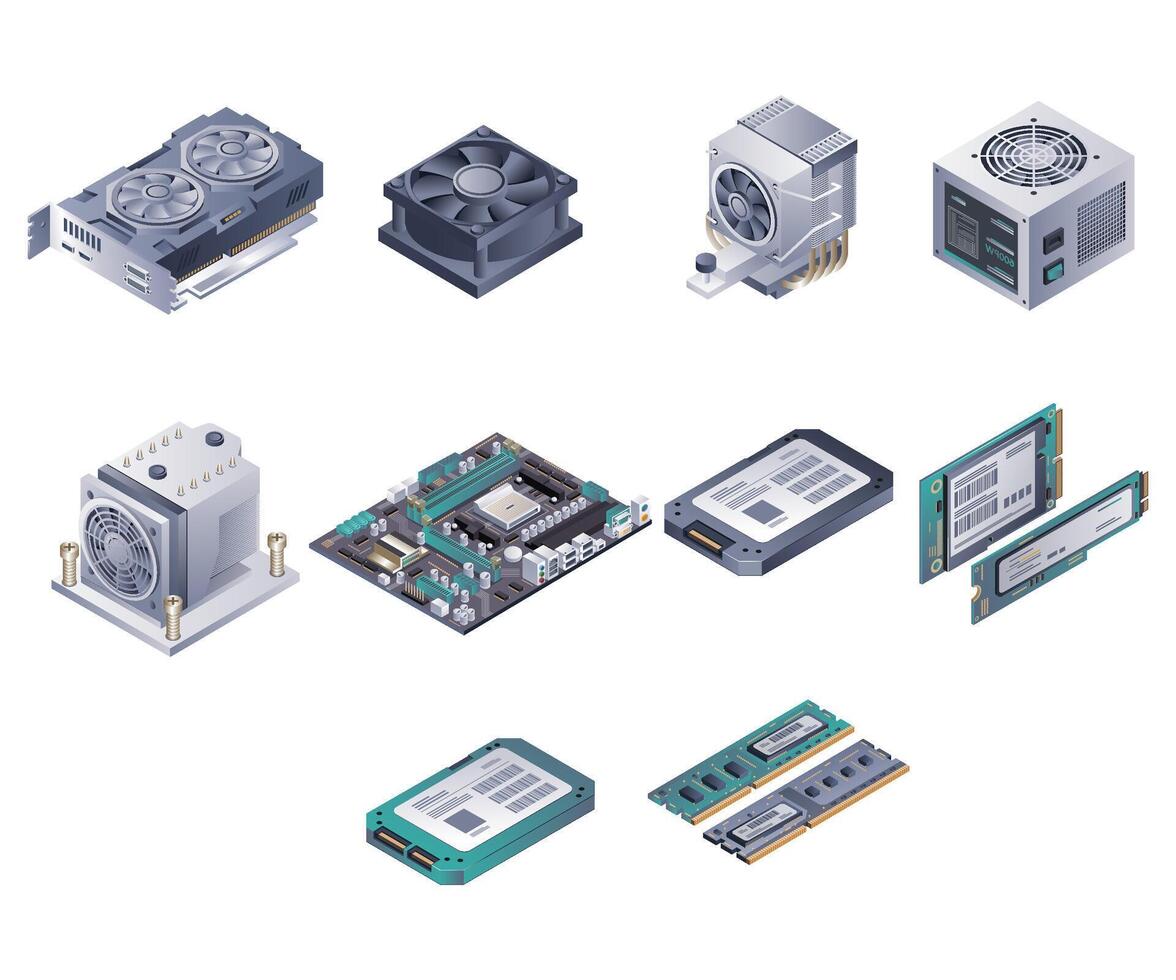 Computer Hardware Components isometric illustration vector