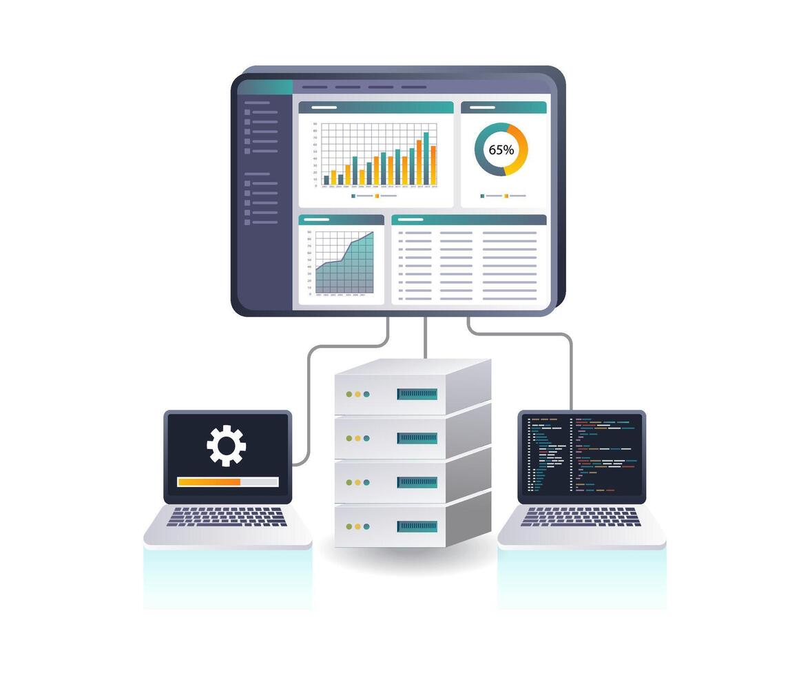 Analysis of server computer technology flat illustration vector