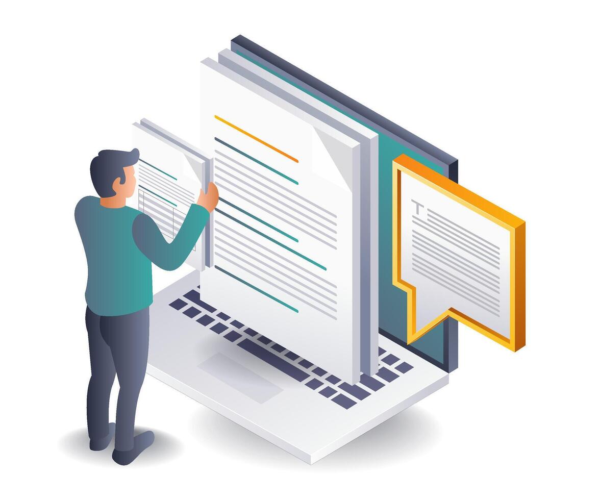 Men Creating Digital Text Data isometric illustration vector