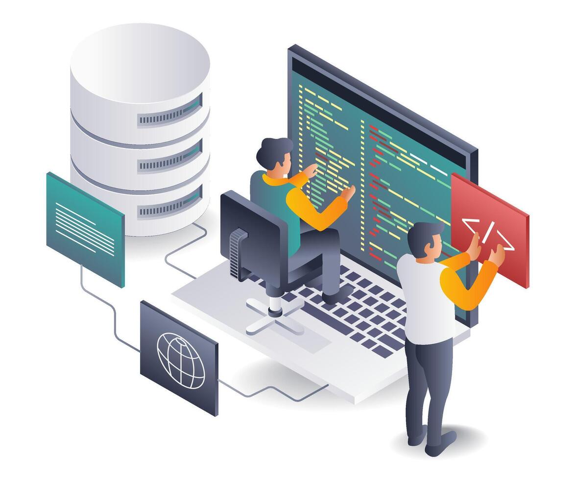Programmer Team Developing Web Hosting Applications vector