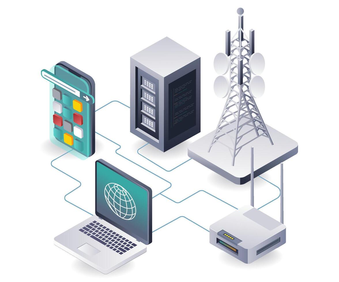 Network of Computer Towers for Information and Data Technology vector