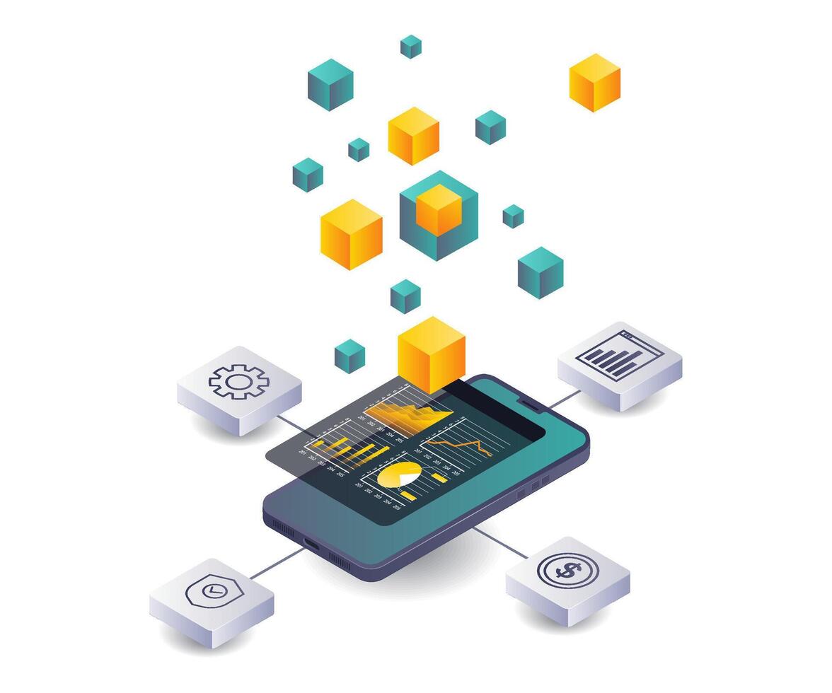 Data analysts analyzing business data in blockchain technology vector