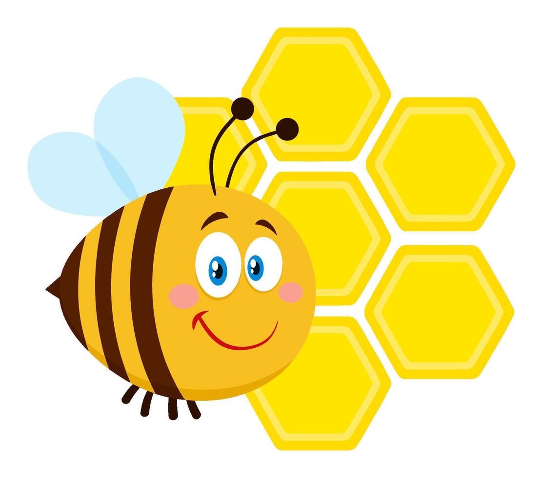 Smiling Bee Cartoon Character Bee Flying In Front Of A Honeycombs vector