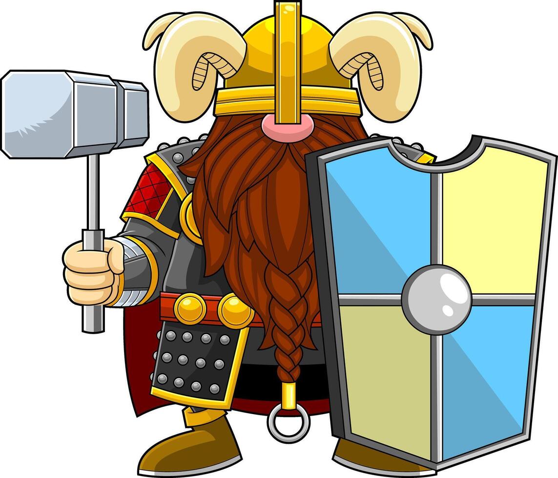 Gnome Viking Warrior Cartoon Character With Hammer And Shield vector