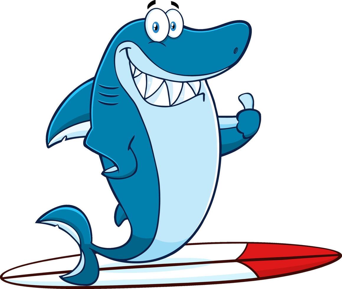 Smiling Blue Shark Cartoon Mascot Character Surfing And Holding A Thumb Up vector