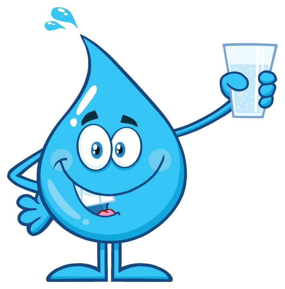 Blue Water Drop Cartoon Mascot Character Holding Up A Water Glass Cup vector