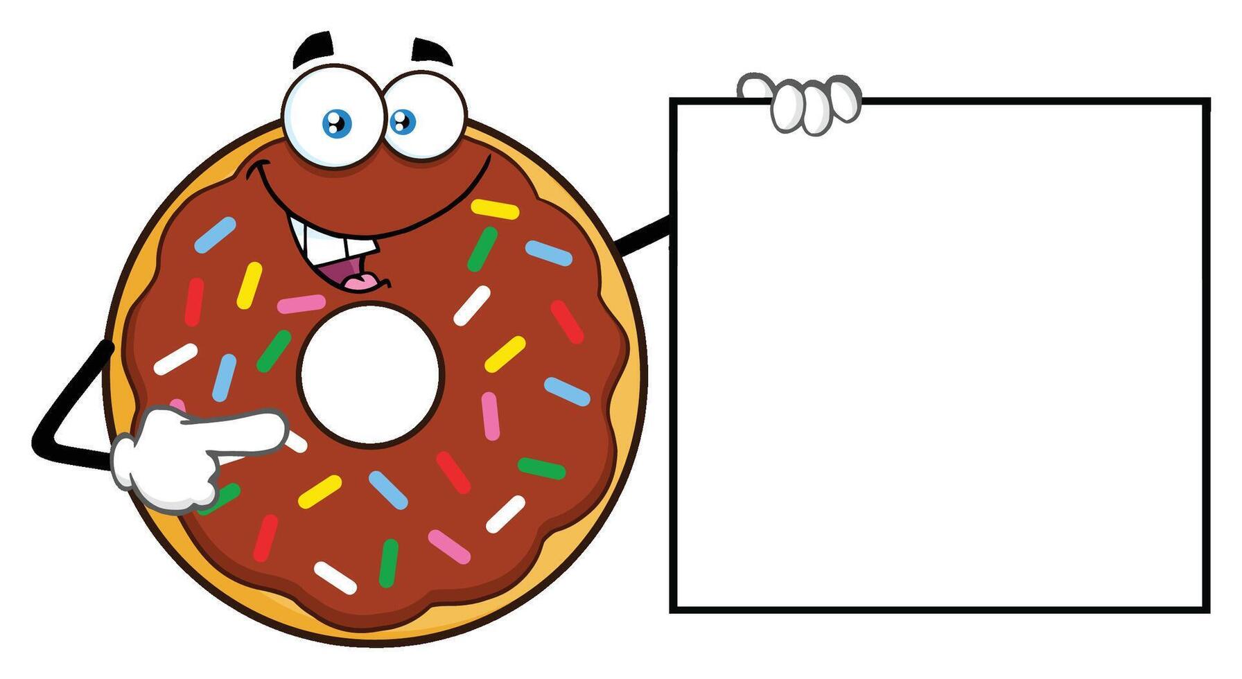 Chocolate Donut Cartoon Mascot Character With Sprinkles Showing A Banner vector