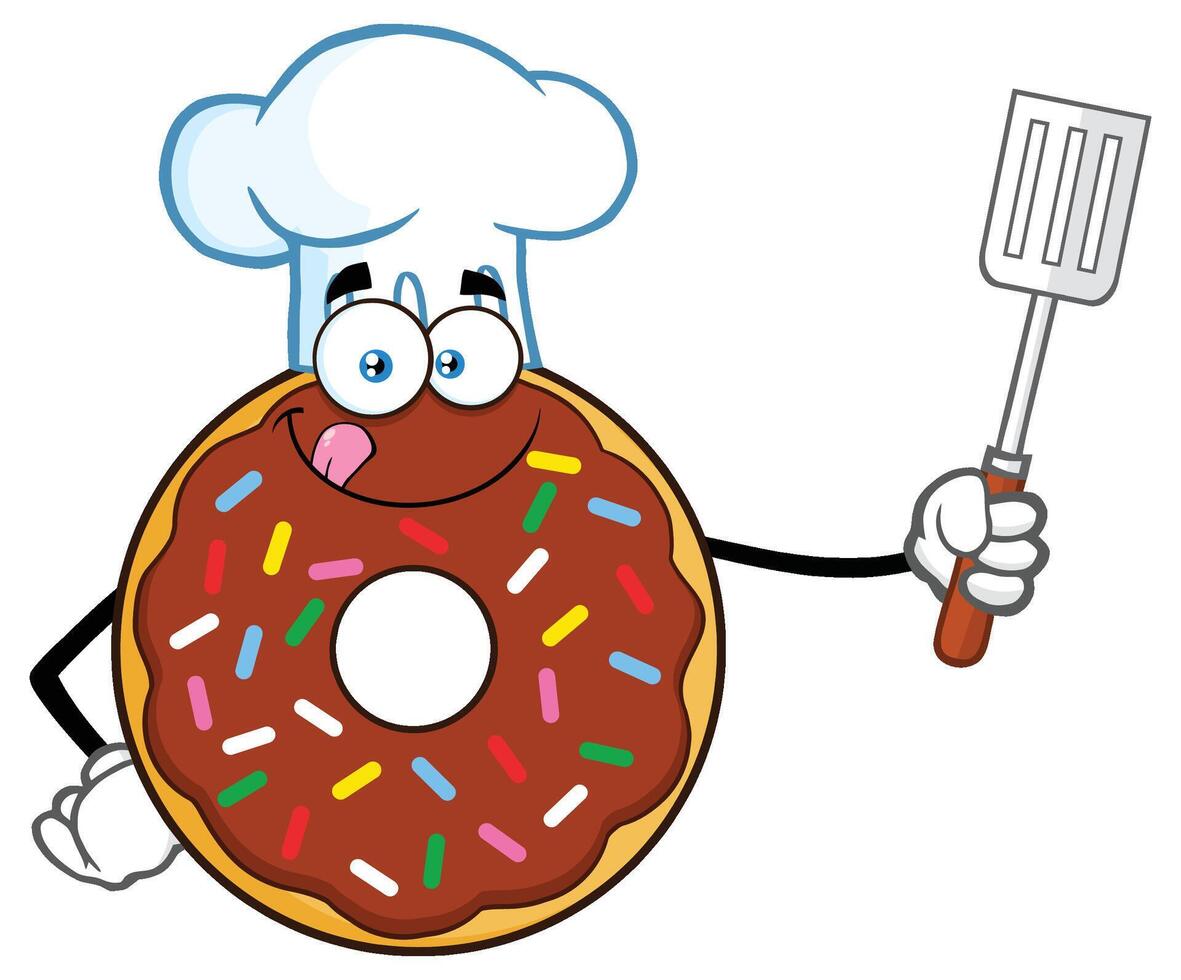 Chef Chocolate Donut Cartoon Mascot Character With Sprinkles Holding A Slotted Spatula vector