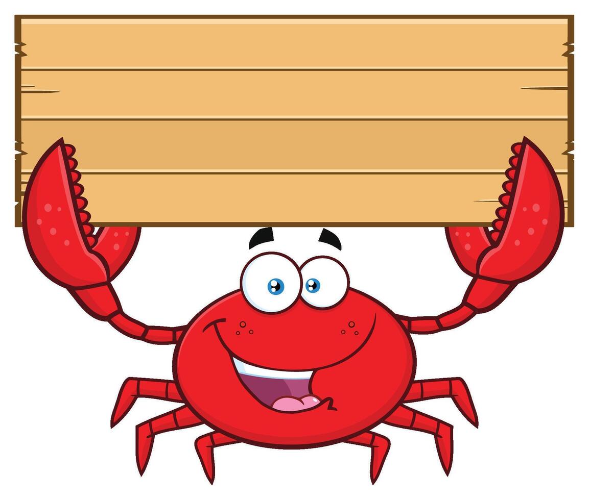Happy Crab Cartoon Mascot Character Holding Wooden Blank Sign vector