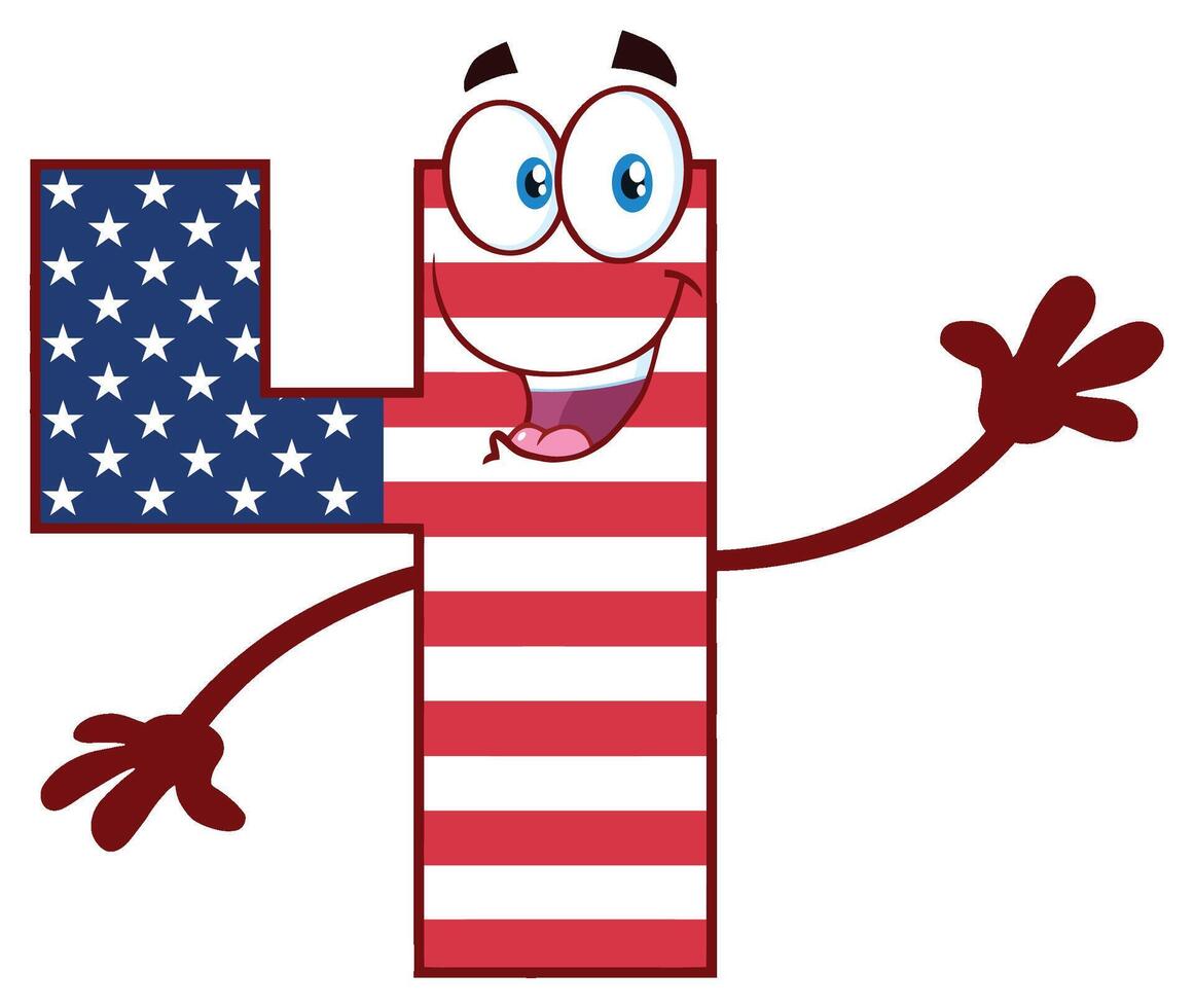 Happy Patriotic Number Four In American Flag Cartoon Mascot Character Waving For Greeting vector