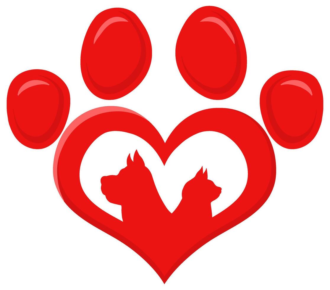 Red Love Paw With Dog And Cat Silhouette Print Logo Flat Design vector
