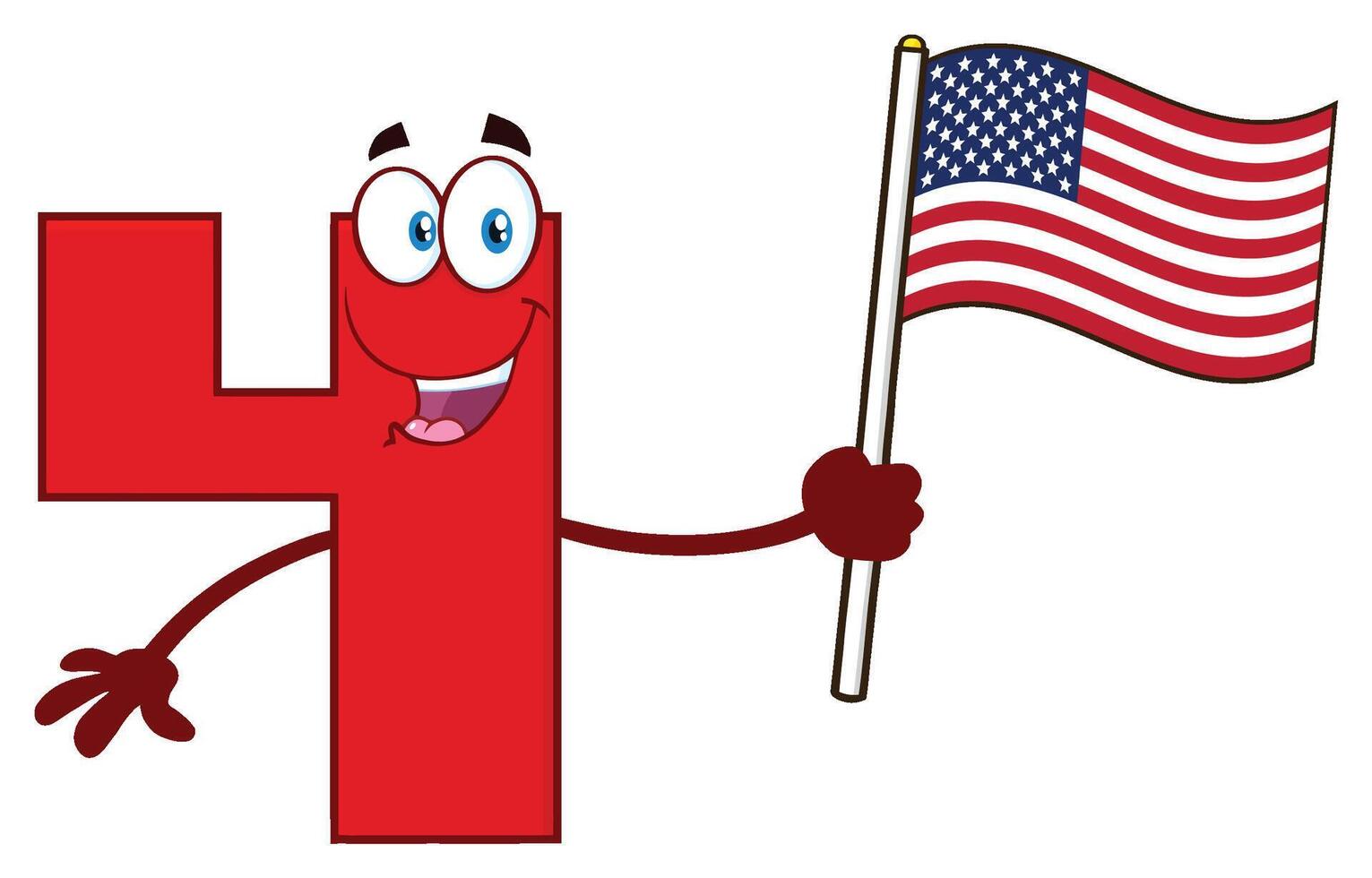 Happy Red Number Four Cartoon Mascot Character Waving An American Flag vector