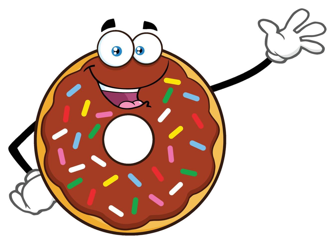 Cute Chocolate Donut Cartoon Mascot Character With Sprinkles Waving vector