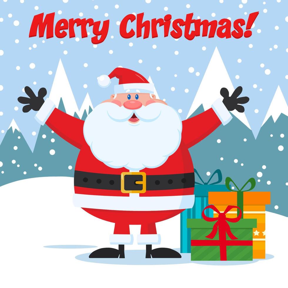 Jolly Santa Claus Cartoon Mascot Character With Open Arms And Gifts Boxes vector
