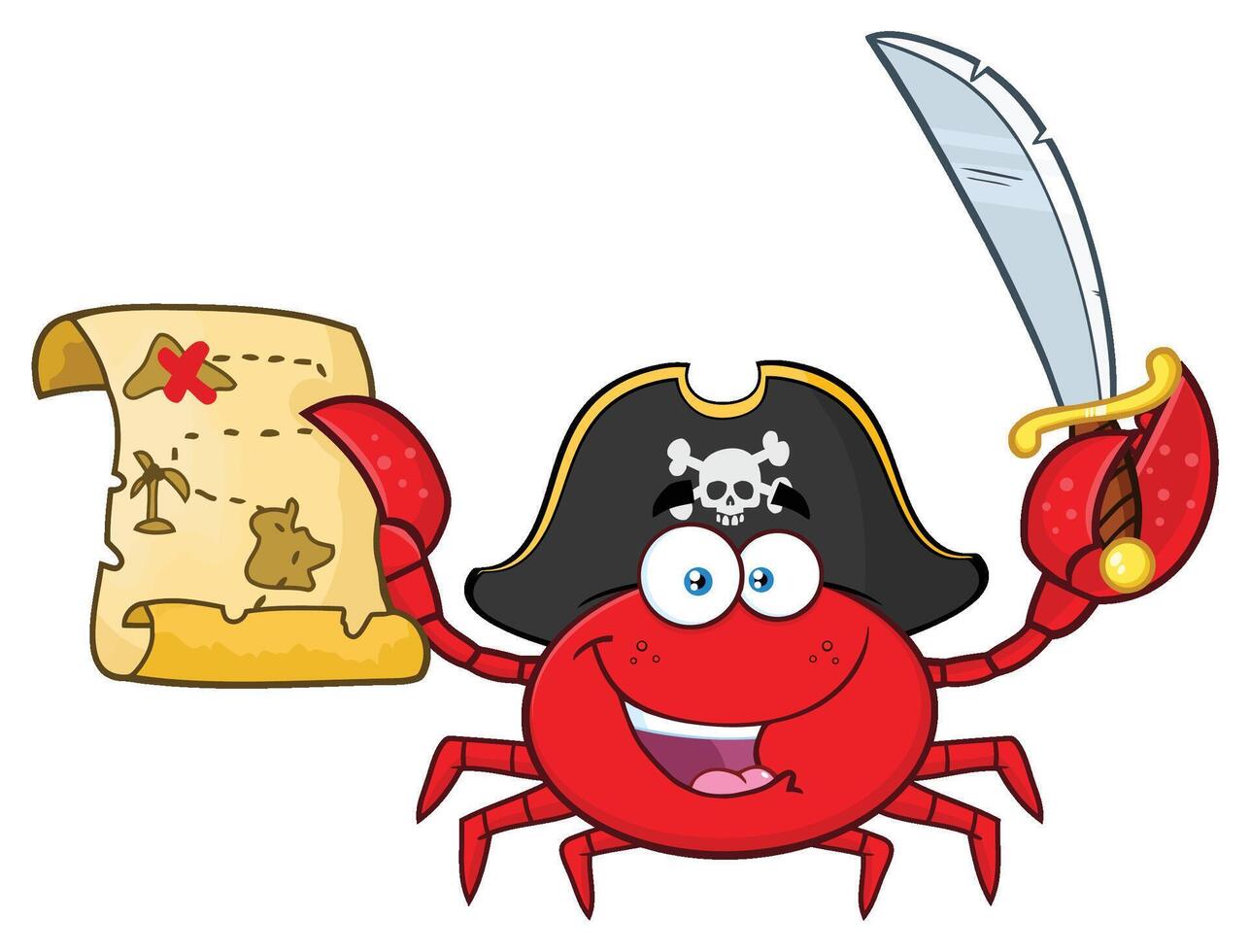 Pirate Crab Cartoon Mascot Character Holding A Treasure Map And Sword vector