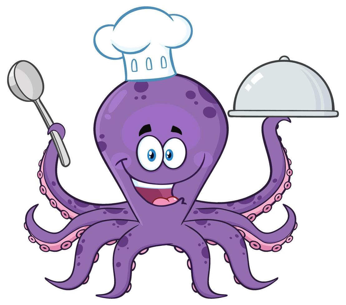 Octopus Chef Cartoon Character Serving Food In A Sliver Platter vector