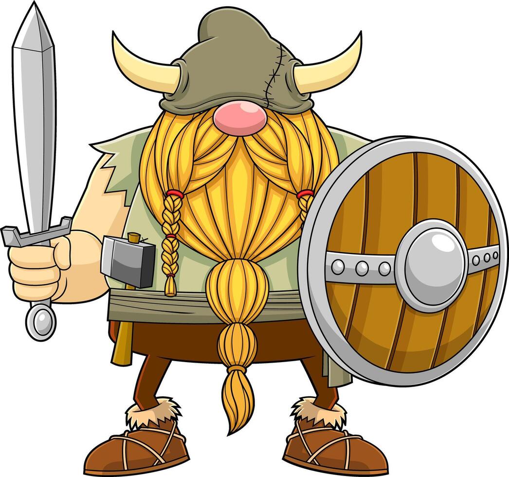 Gnome Viking Warrior Cartoon Character With Sword And Shield vector
