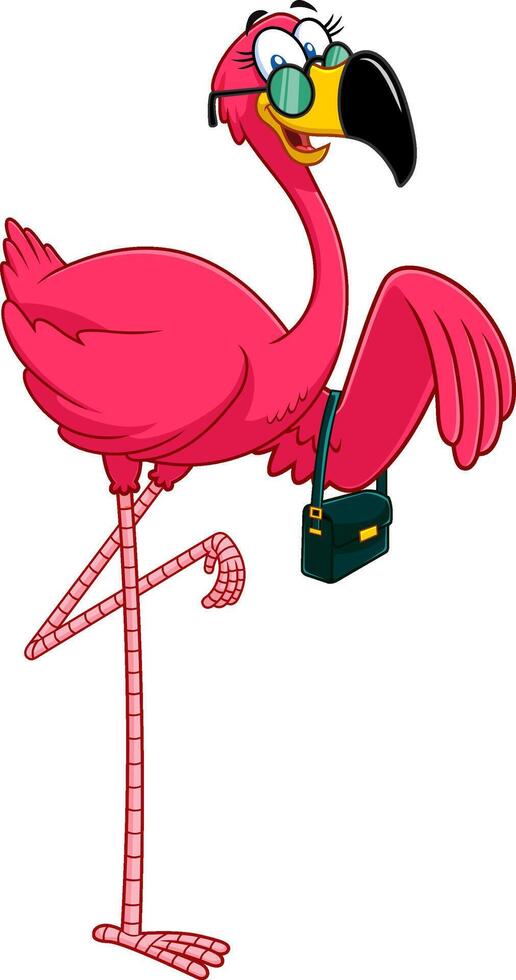 Flamingo Bird Girl Cartoon Character With Sunglasses And Handbag vector