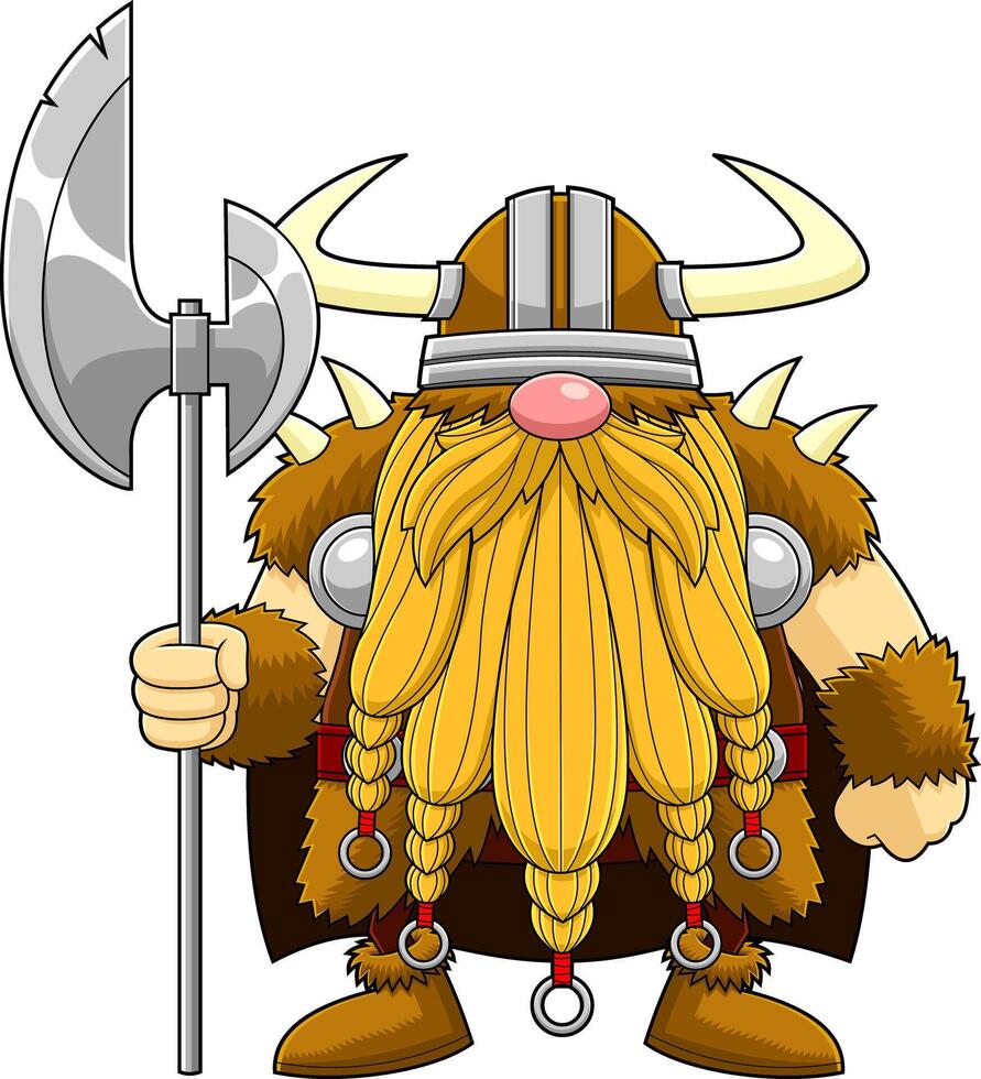 Gnome Viking Warrior Cartoon Character Holds A Big Axe vector