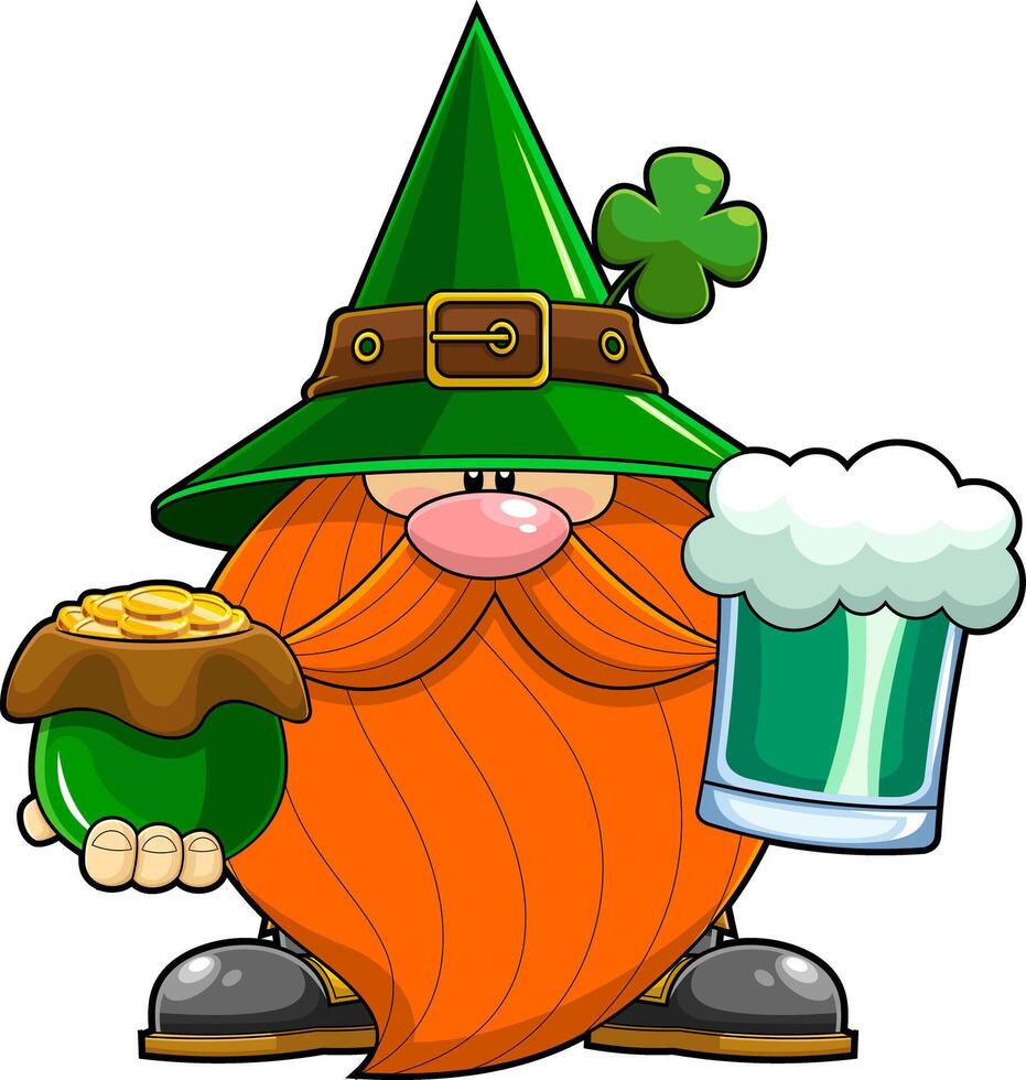 St. Patrick's Day Gnome Cartoon Character Holds Purse With Gold Coins And Mug Of Beer vector