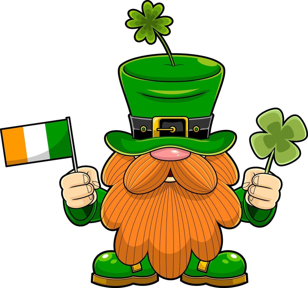 St. Patrick's Day Gnome Cartoon Character Holding A Flag Of Ireland And Clover vector