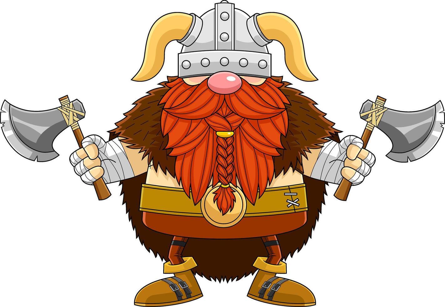 Gnome Viking Warrior Cartoon Character Holds Two Axes vector