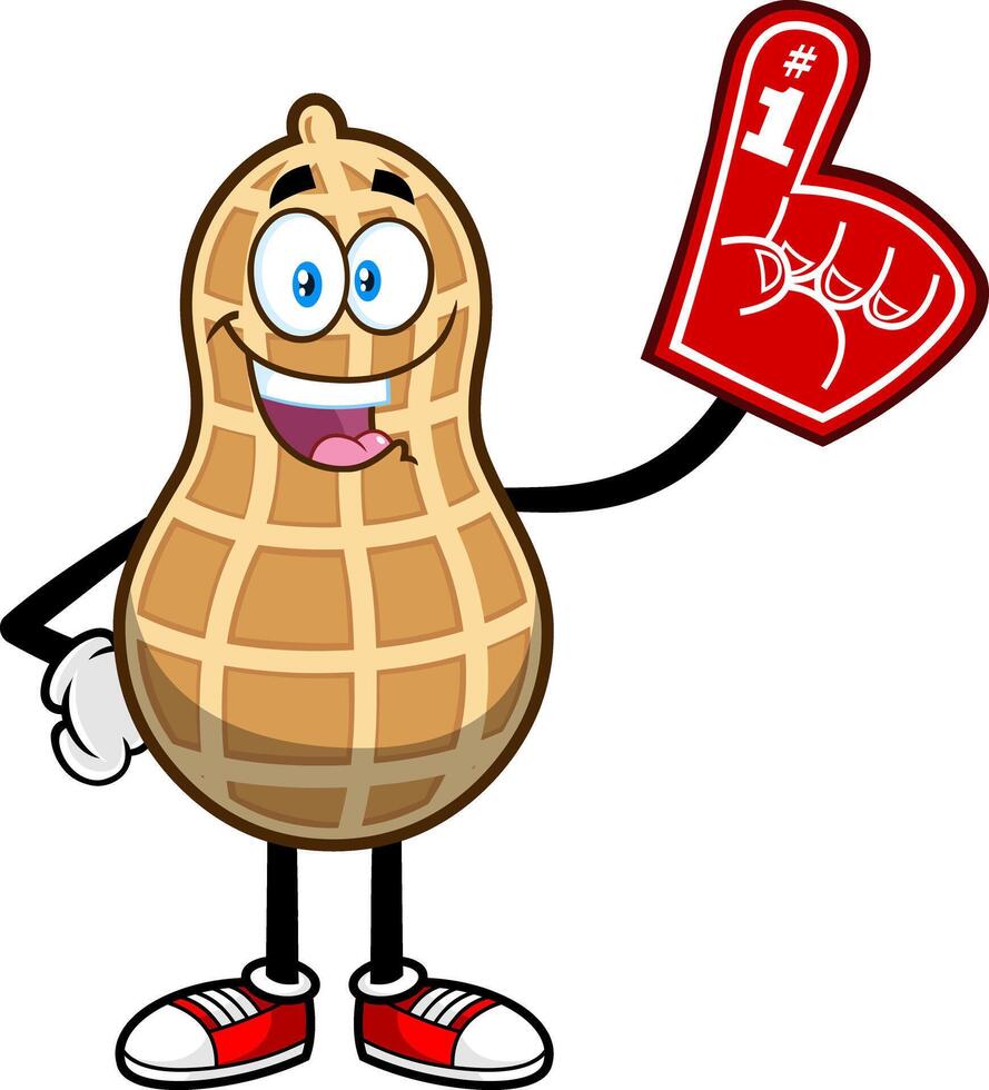 Happy Peanut Cartoon Character Wearing A Foam Finger vector