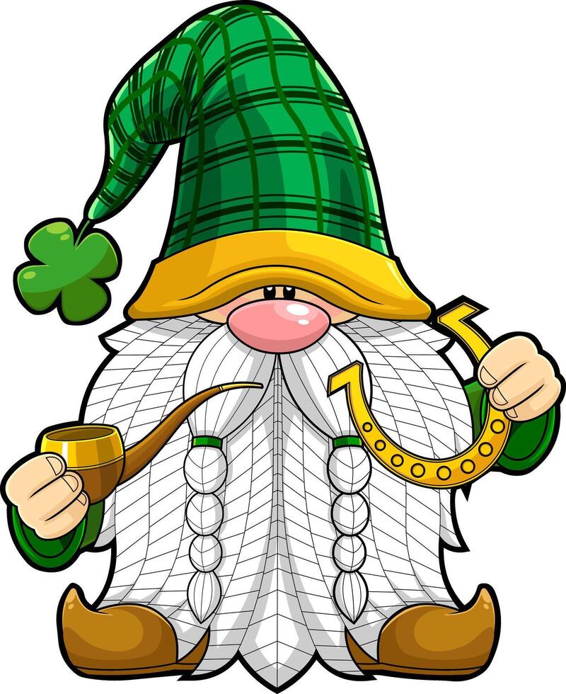 St. Patrick's Day Gnome Cartoon Character Holds Pipe And Golden Horseshoe vector