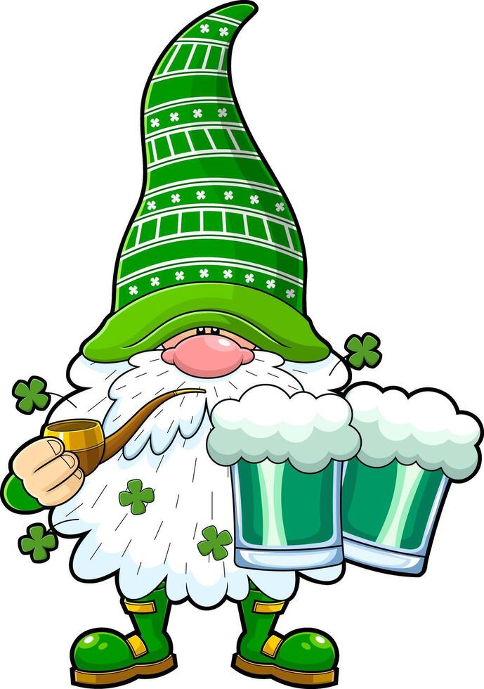 St. Patrick's Day Gnome Cartoon Character Holds Pipe And And Mug Of Beer vector