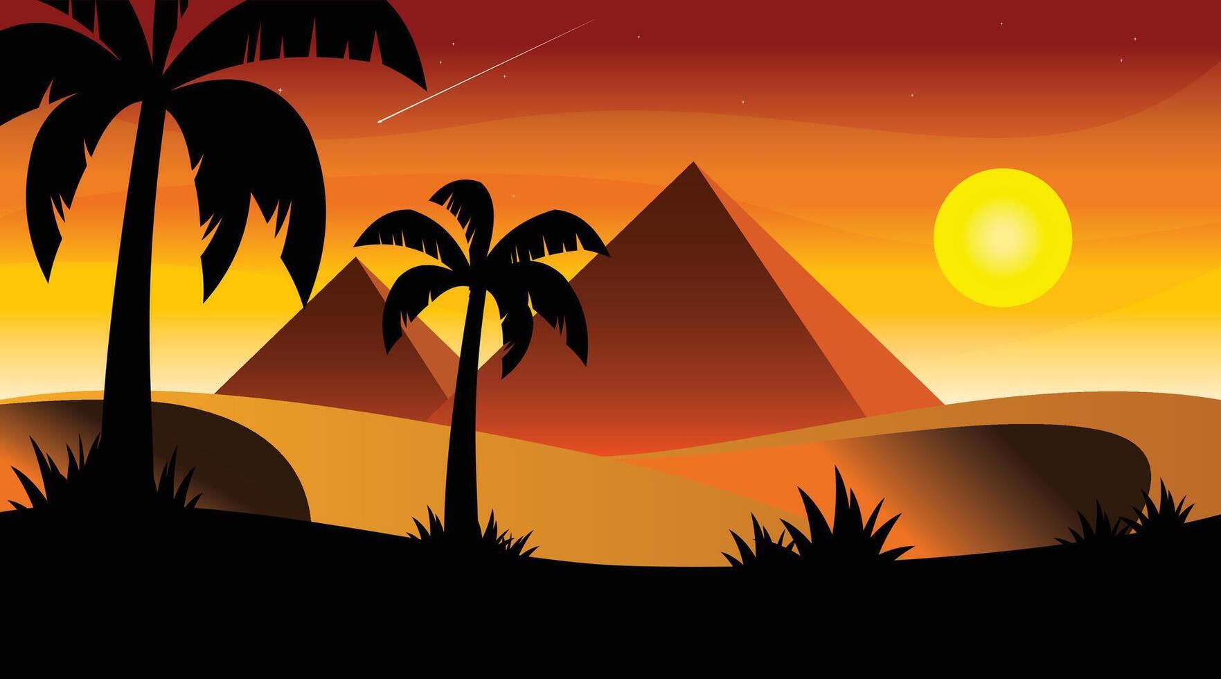 Egypt Sunset With Palm Trees Cartoon Flat Design vector